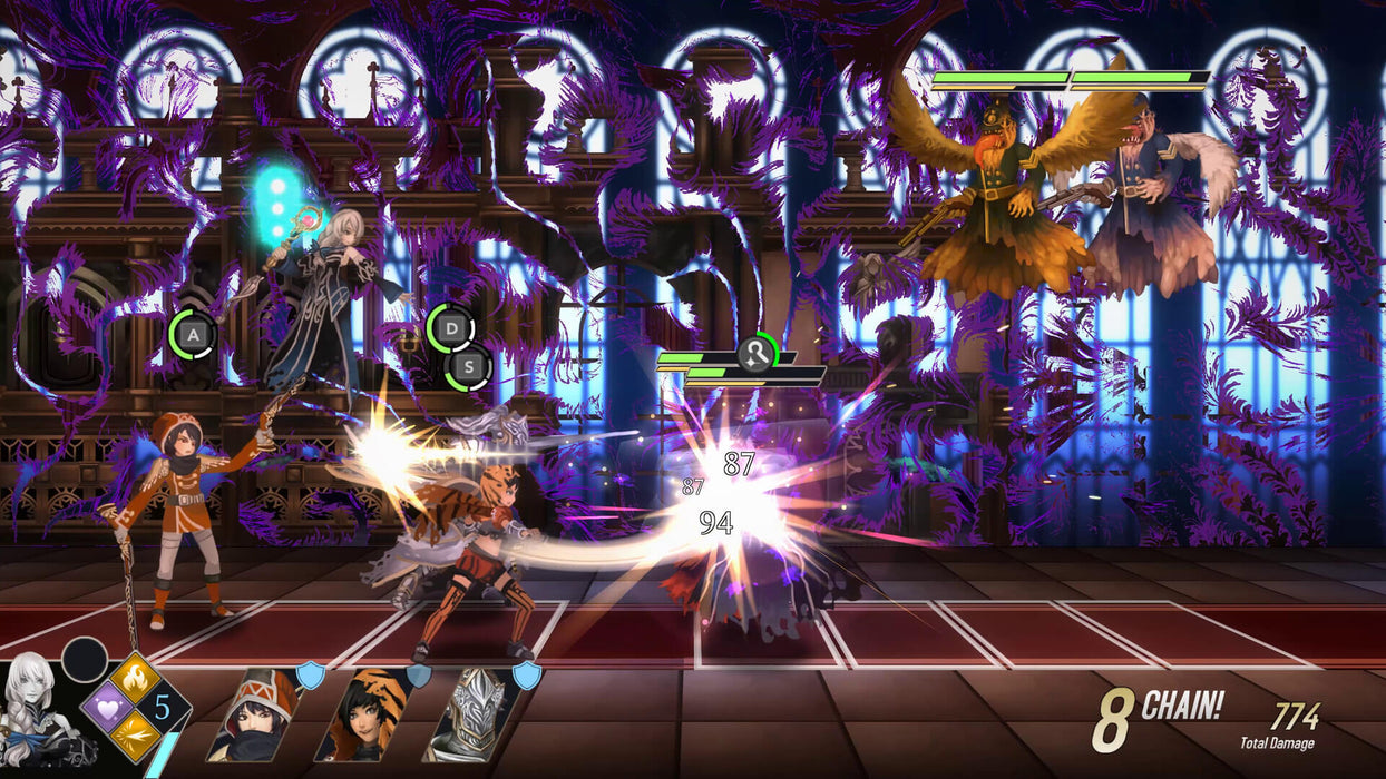 Gameplay screenshot - A visually striking battle sequence from Fallen Legion: Revenants on PS5, where heroes fight against eerie winged creatures in a dark, magical arena. Get your game key at RushGame.co and immerse yourself in this gripping action RPG