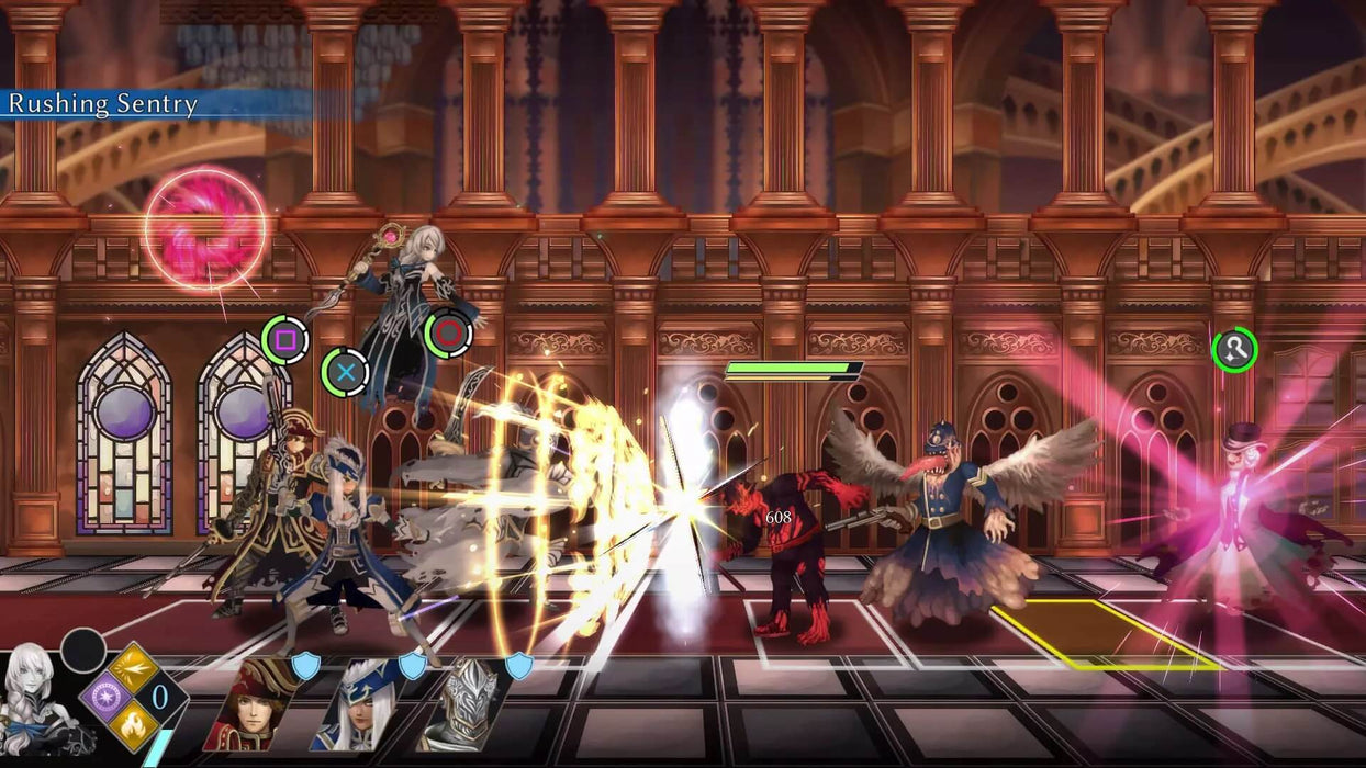 In-game screenshot -  action from Fallen Legion: Revenants for PS5, featuring an intense battle inside an ornate gothic hall. Unleash powerful attacks and strategy-driven combat—buy the official CD key instantly at RushGame.co