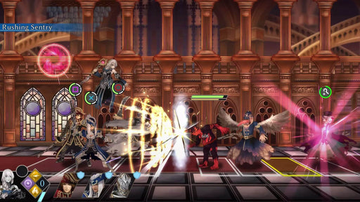 In-game screenshot -  action from Fallen Legion: Revenants for PS5, featuring an intense battle inside an ornate gothic hall. Unleash powerful attacks and strategy-driven combat—buy the official CD key instantly at RushGame.co