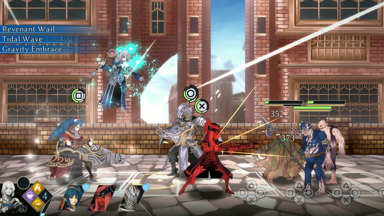 Gameplay screenshot from Fallen Legion: Revenants on PS5, showing a strategic battle with characters using powerful magic attacks against monstrous enemies. Get your digital game key at RushGame.co and lead your warriors to victory