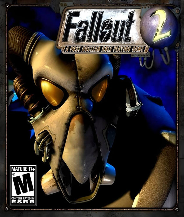 cover art for Fallout 2 on PC Steam, featuring a close-up of the iconic power armor helmet with glowing amber eyes. Buy the digital game key now at RushGame.co and immerse yourself in the legendary post-apocalyptic RPG adventure