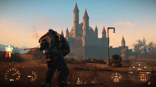 Gameplay screenshot - A Fallout 4 player in Power Armor approaches a massive, abandoned amusement park castle under a dramatic sunset. The wasteland setting captures the immersive world of Fallout 4: Game of the Year Edition. Purchase your Fallout 4 GOTY Steam CD key instantly at RushGame.co