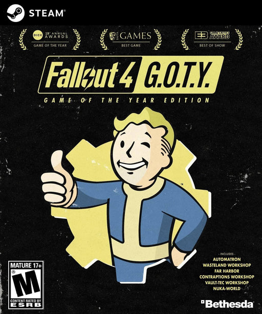 Cover art for Fallout 4: Game of the Year Edition on PC (Steam). Featuring Vault Boy in the iconic thumbs-up pose, this cover highlights the game’s award-winning status. Get your Fallout 4 GOTY CD key at RushGame.co for instant digital delivery.