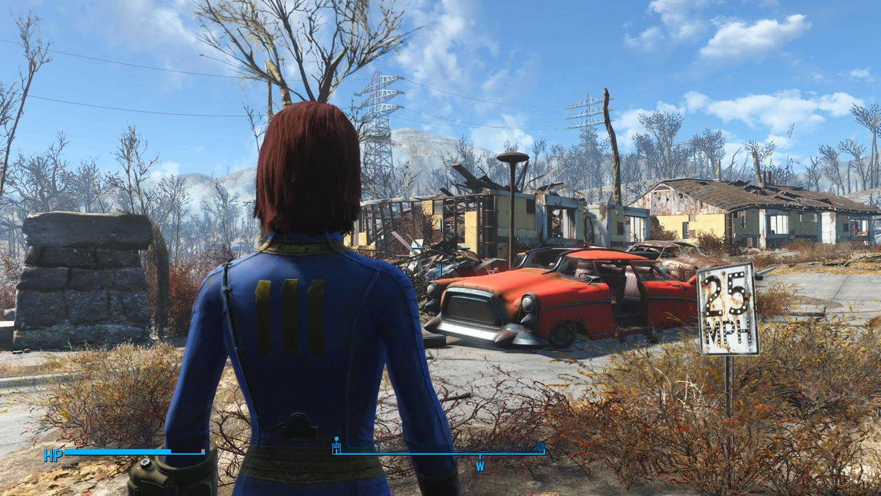 Gameplay screenshot - A female character in a Vault 111 jumpsuit explores the remains of a destroyed neighborhood in Fallout 4: Game of the Year Edition on Xbox One. Rusted cars, decayed buildings, and an overgrown road capture the post-apocalyptic setting. Buy your Fallout 4 GOTY Xbox One CD key at RushGame.co today
