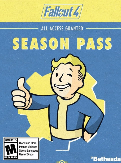 Cover art for Fallout 4 Season Pass on PC (Steam). Featuring Vault Boy giving a thumbs-up against a blue and yellow background, this cover grants access to all Fallout 4 DLC expansions. Get your Fallout 4 Season Pass CD key at RushGame.co for instant digital delivery