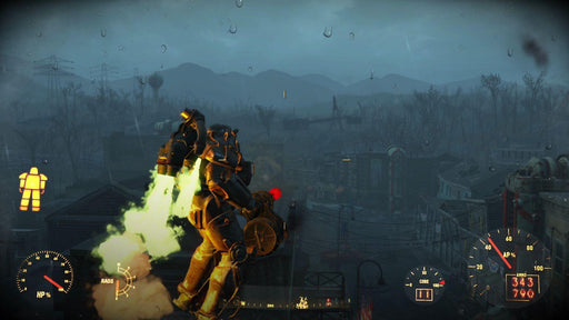 Gameplay screenshot - A power-armored player soars through the night sky using a jetpack in Fallout 4 Season Pass DLC. The dark, rainy landscape beneath adds to the dystopian atmosphere of the game’s expanded world. Get your Fallout 4 Season Pass for PC (Steam) at RushGame.co today