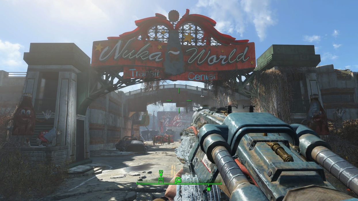 Gameplay screenshot - First-person perspective in Fallout 4 Season Pass DLC, aiming a powerful energy weapon at the entrance to the overgrown and abandoned Nuka-World amusement park. The iconic red archway signals the start of new adventures. Purchase your Fallout 4 Season Pass PC CD key at RushGame.co for full access to all DLC content