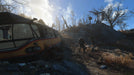 In game screenshot - A player in Fallout 4 Season Pass DLC content explores a rugged, post-apocalyptic environment. A wrecked bus lies abandoned while an armored character scavenges near skeletal remains, emphasizing the survival aspects of the game. Buy your Fallout 4 Season Pass CD key for PC at RushGame.co