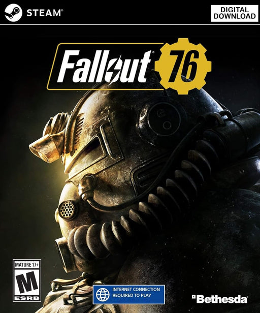 Fallout 76 PC Steam cover art featuring a detailed close-up of the iconic Power Armor helmet, emphasizing the multiplayer survival experience in the wasteland. Get your Fallout 76 PC Steam CD Key instantly at RushGame.co and explore post-apocalyptic Appalachia