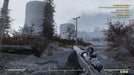 Gameplay screen - A first-person perspective in Fallout 76 shows a player aiming a scoped rifle at an abandoned industrial site with towering cooling towers and a foggy sky. Experience cooperative survival in an open-world RPG with Fallout 76 PC Steam CD Key, available now at RushGame.co