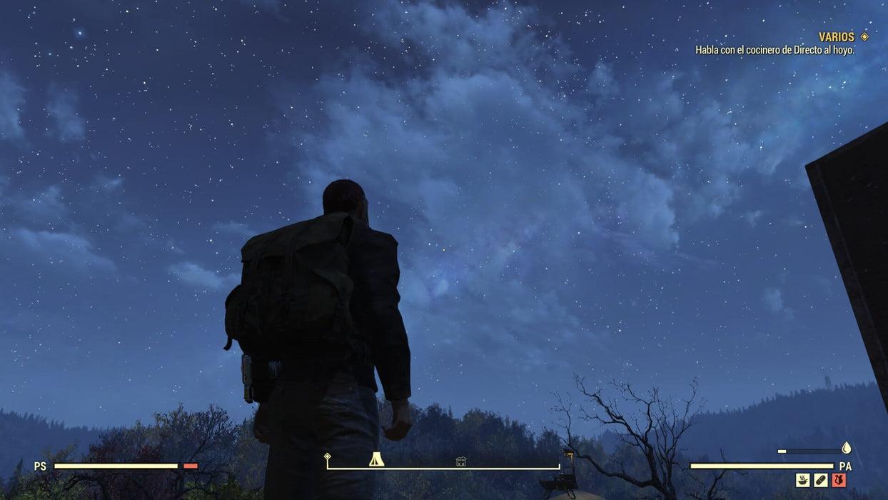 Gameplay screenshot - A lone survivor in Fallout 76 gazes up at a breathtaking night sky filled with stars, evoking the vastness of the post-apocalyptic world. Join the adventure with Fallout 76 Xbox One CD Key US, available for instant download at RushGame.co