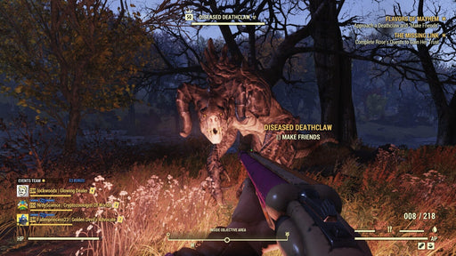 Gameplay screenshot - A player in Fallout 76 faces a terrifying Diseased Deathclaw at night in a first-person perspective, with mission objectives displayed on the screen. Survive intense encounters in the wasteland with Fallout 76 Xbox One CD Key US, available at RushGame.co