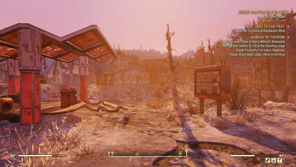 Gameplay screenshot - A player approaches an abandoned gas station bathed in an eerie sunset glow in Fallout 76, with mission tasks appearing on the right side of the screen. Explore and rebuild in the multiplayer wasteland with Fallout 76 Xbox One CD Key US, available at RushGame.co