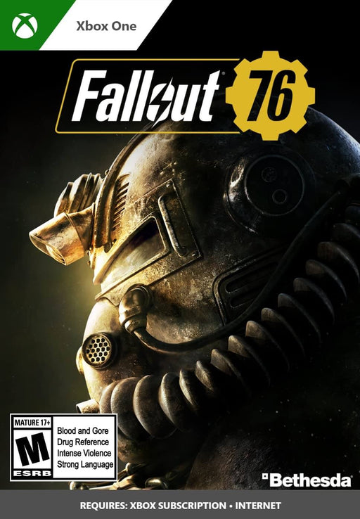 Fallout 76 Xbox One cover art featuring a close-up of the Power Armor helmet, highlighting the online multiplayer survival experience. Get your Fallout 76 Xbox One CD Key US instantly at RushGame.co and explore post-apocalyptic Appalachia