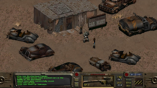 Gameplay screenshot - A Brotherhood of Steel soldier encounters a used car salesman in Fallout 2, standing in a dusty wasteland surrounded by rusted, abandoned vehicles. Explore deep role-playing mechanics with Fallout Classic Collection PC Steam CD Key, available at RushGame.co