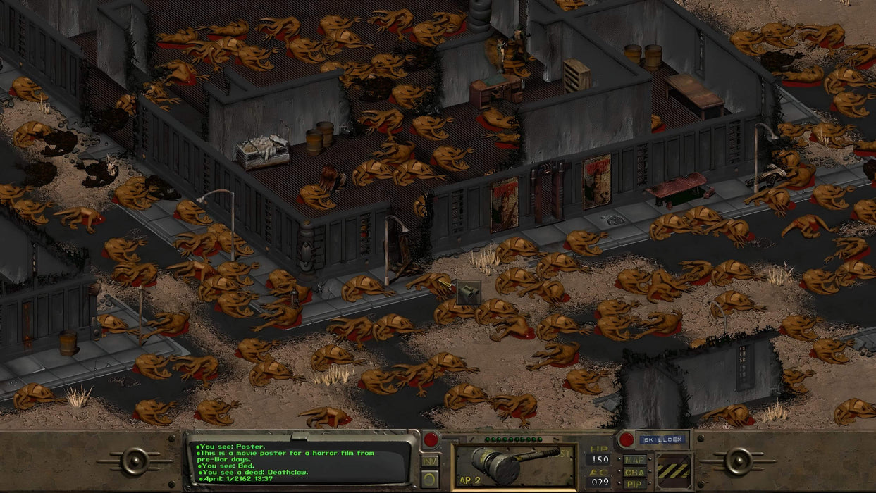 Gameplay screenshot - A grim post-apocalyptic cityscape in Fallout, littered with the remains of defeated enemies in an isometric turn-based RPG setting. Experience the classic Fallout universe with Fallout Classic Collection PC Steam CD Key, available now at RushGame.co