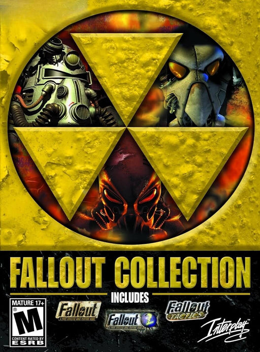 Fallout Classic Collection PC Steam cover art featuring a yellow radiation symbol with three iconic Fallout helmets representing Fallout, Fallout 2, and Fallout Tactics. Get your Fallout Classic Collection PC Steam CD Key instantly at RushGame.co and relive the origins of the legendary RPG series