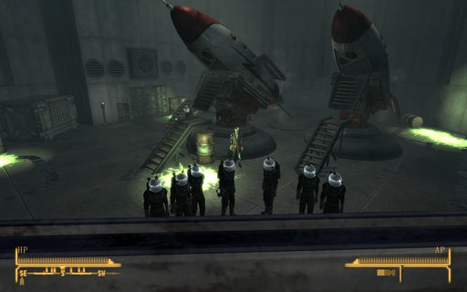 Gameplay screenshot - A dark underground rocket facility in Fallout: New Vegas, where a group of figures in space suits stands before a ghoul leader, preparing for launch. Experience the unforgettable stories of the Mojave Wasteland with Fallout: New Vegas Ultimate Edition PC Steam CD Key, available at RushGame.co