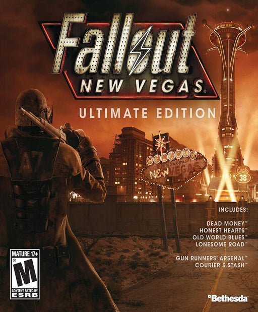 Fallout: New Vegas Ultimate Edition PC Steam cover art featuring a lone survivor in a trench coat gazing at the neon-lit New Vegas skyline under an orange wasteland sky. Get your Fallout: New Vegas Ultimate Edition PC Steam CD Key instantly at RushGame.co and experience the complete post-apocalyptic RPG adventure