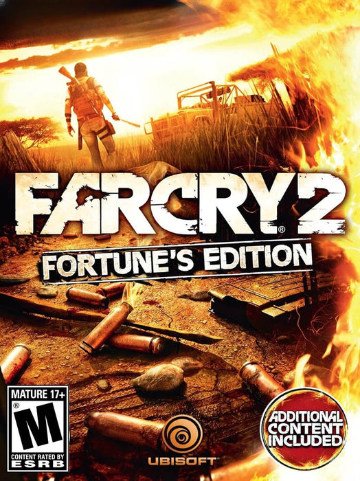 cover art for Far Cry 2: Fortune’s Edition on PC, featuring a lone mercenary walking through a war-torn savanna engulfed in fire. Buy your Far Cry 2: Fortune's Edition GOG CD Key instantly at RushGame.co with fast digital delivery