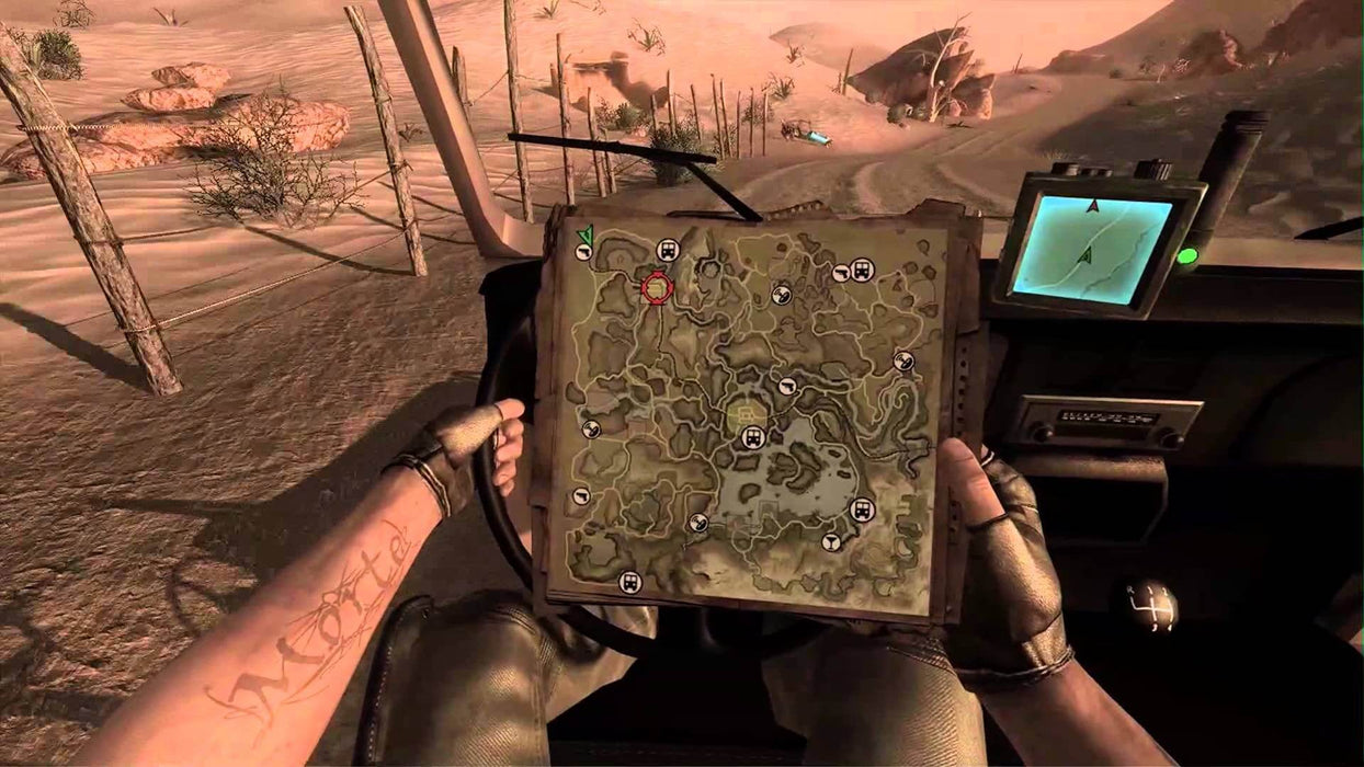 Far Cry 2: Fortune's Edition Gameplay Screenshot (PC) - Map Navigation
- First-person gameplay screenshot from Far Cry 2: Fortune's Edition on PC, showing the player's hands holding a detailed in-game map while navigating an open-world desert landscape. Get your digital game key now at RushGame.co and start exploring