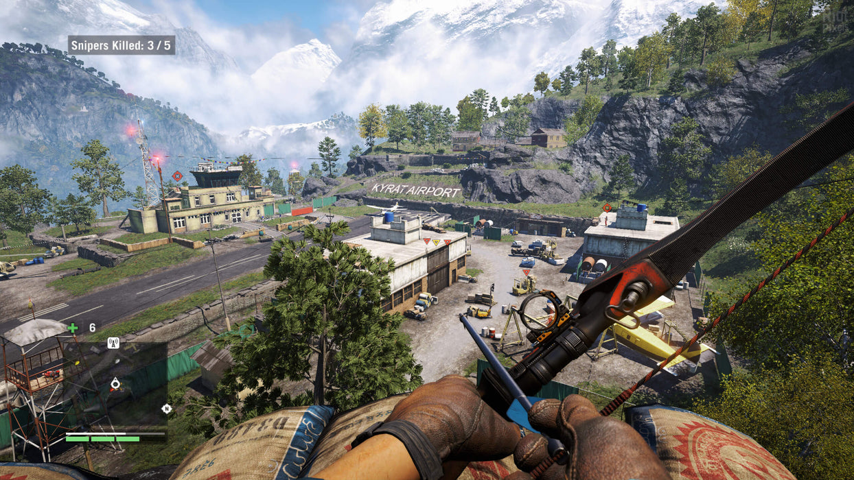 Gameplay Screenshot (PC) - Kyrat Airport Assault: Stealth combat in Far Cry 4: Gold Edition on PC, showing a first-person perspective with a bow aimed at an enemy-controlled airport in the mountains of Kyrat. Secure your Ubisoft Connect CD Key now at RushGame.co and dive into the action
