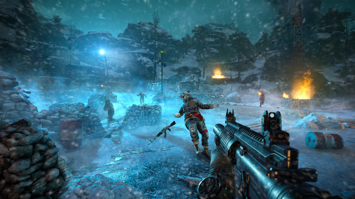 Gameplay Screenshot (PC) - Intense Winter Combat: Dynamic gunfight in a snow-covered outpost in Far Cry 4: Gold Edition, featuring an intense first-person battle against enemies in a harsh winter storm. Get your digital game key at RushGame.co and take on the ultimate survival challenge