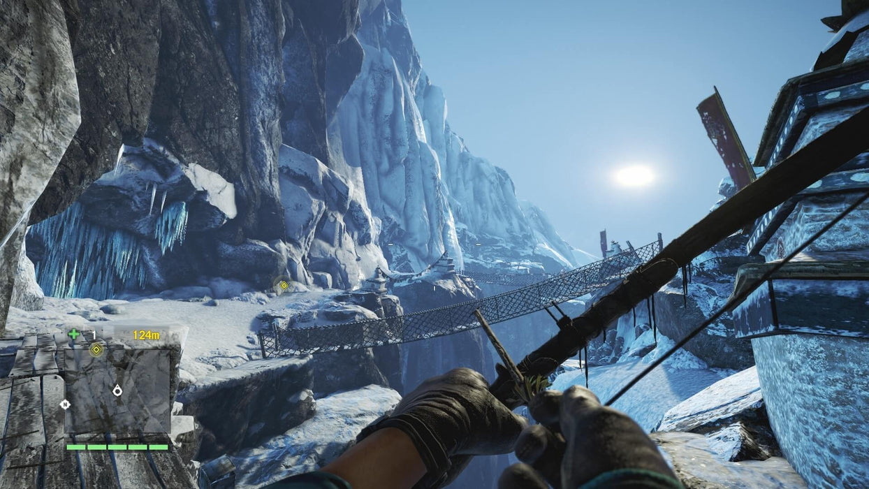 Gameplay Screenshot (PC) - Himalayan Archery: Exploring the icy peaks of the Himalayas in Far Cry 4: Gold Edition, with a player aiming a bow at an enemy stronghold across a dangerous rope bridge. Buy your Ubisoft Connect CD Key at RushGame.co and experience breathtaking open-world action