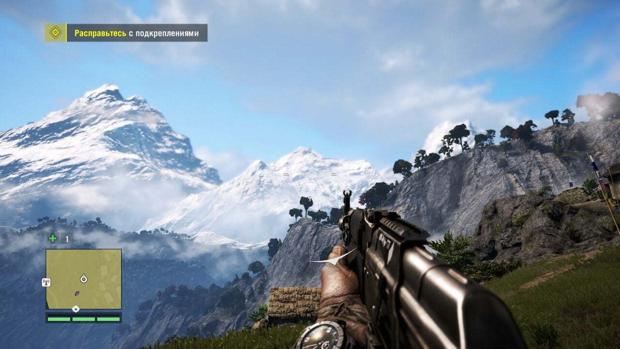 Gameplay Screenshot (Xbox One) - Mountain Warfare: Breathtaking open-world exploration in Far Cry 4: Gold Edition, showcasing a first-person view of the Himalayas with a rifle aimed at distant peaks. Buy your digital Xbox One key now at RushGame.co and experience action-packed adventures