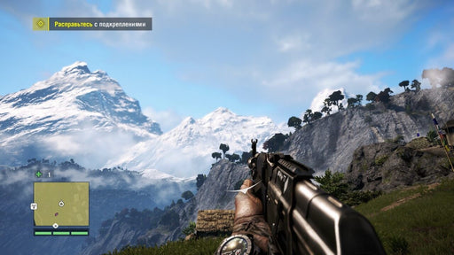 Gameplay Screenshot (Xbox One) - Mountain Warfare: Breathtaking open-world exploration in Far Cry 4: Gold Edition, showcasing a first-person view of the Himalayas with a rifle aimed at distant peaks. Buy your digital Xbox One key now at RushGame.co and experience action-packed adventures