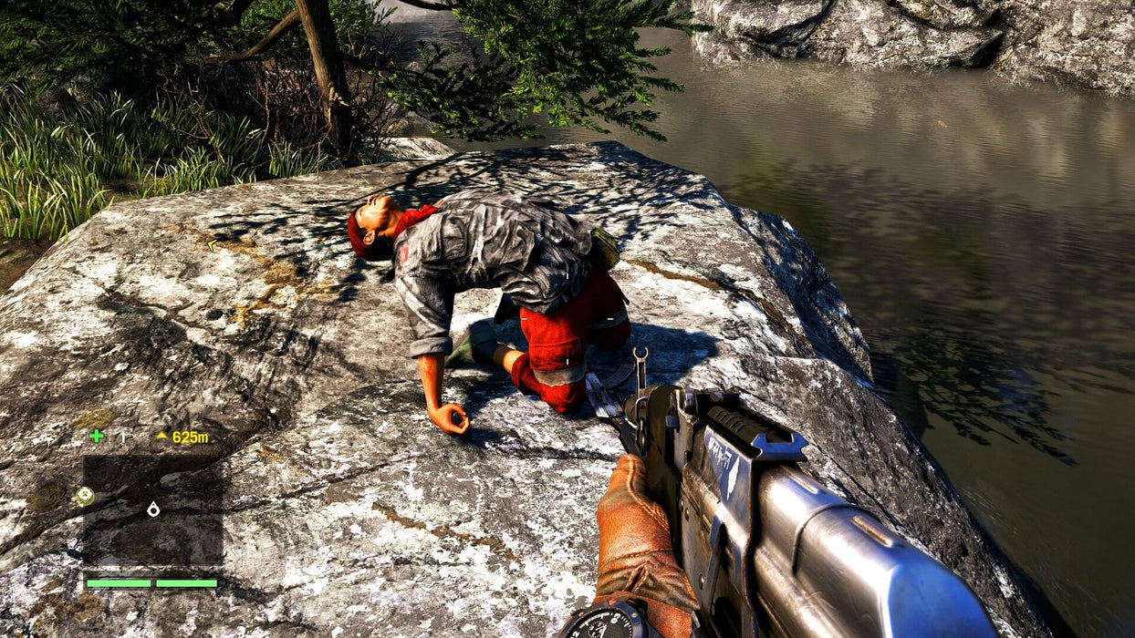 Intense combat scene in Far Cry 4 for Xbox One, showing a fallen enemy on a rocky cliff while the player holds an assault rifle. Secure your Xbox One CD Key US at RushGame.co and take on the ruthless world of Kyrat