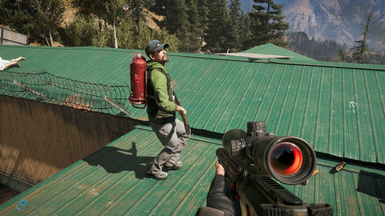 Gameplay screenshot - Action-packed Far Cry 5 Xbox One gameplay featuring a player aiming at an NPC standing on a rooftop with a fuel tank strapped to his back. Secure your digital CD Key US at RushGame.co and explore the chaos of Hope County
