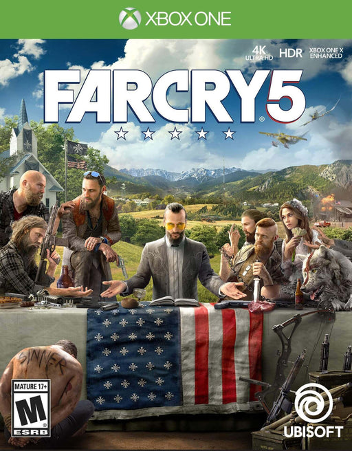 Official cover art of Far Cry 5 for Xbox One, depicting Joseph Seed and his followers at a table draped with a modified American flag, symbolizing the cult’s influence. Buy your Xbox One CD Key US now at RushGame.co and experience the battle against Eden’s Gate