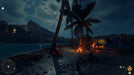 Far Cry 6 Nighttime Camp Scene - Serene nighttime campfire scene from Far Cry 6 on Xbox, showcasing the stunning open-world setting with palm trees, a tent, and a crocodile lurking nearby. Secure your game key today at RushGame.co and join the fight