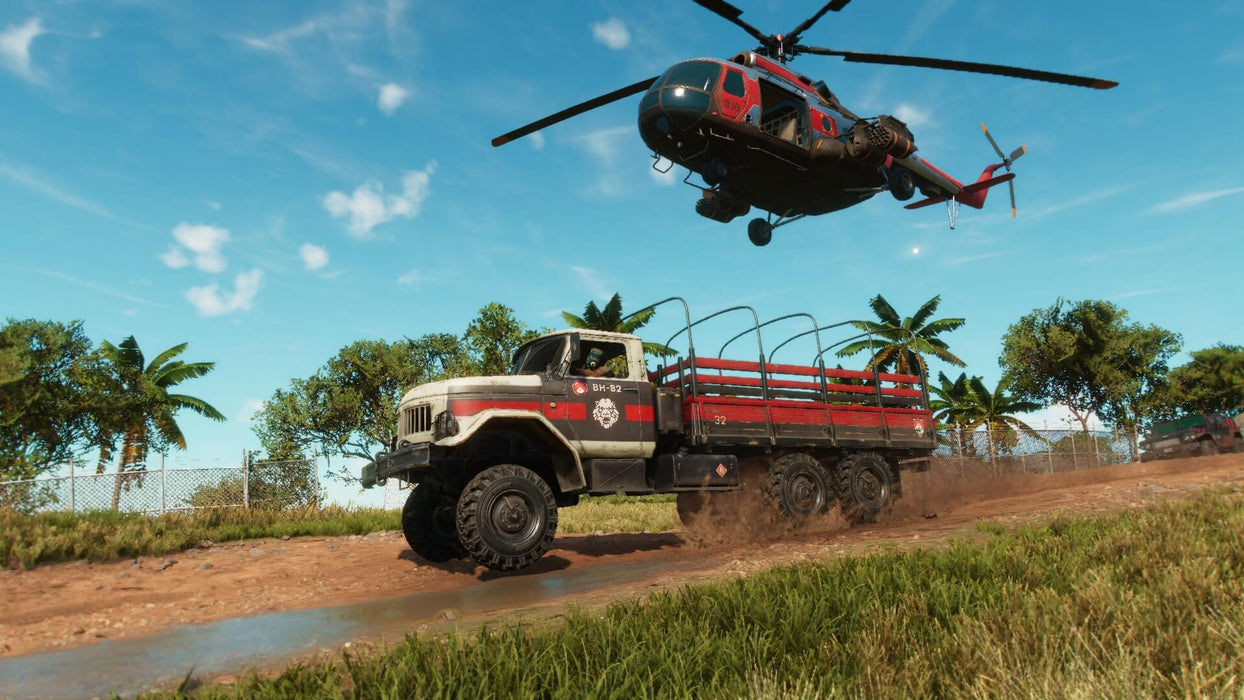 Far Cry 6 Action Scene - Military Truck and Helicopter - Action-packed scene from Far Cry 6 on Xbox, featuring a military transport truck speeding through the tropical terrain while a combat helicopter hovers above. Get your Xbox activation code instantly at RushGame.co