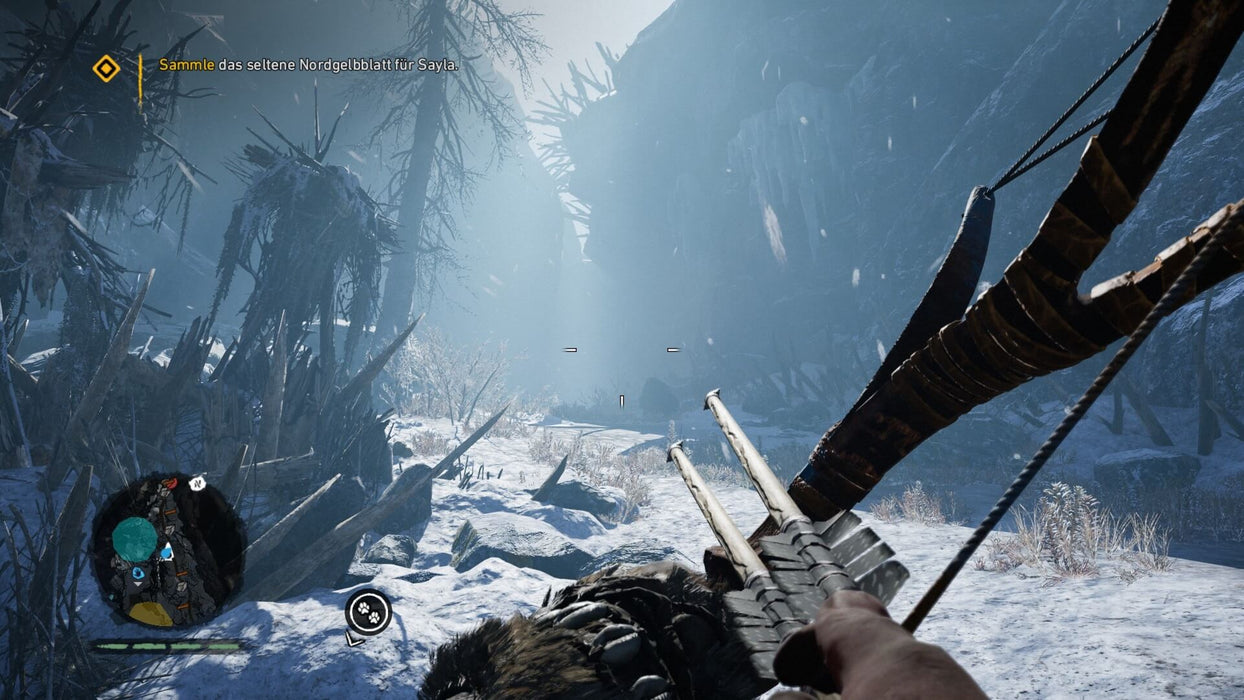 Gameplay screenshot - A cold, snowy environment in Far Cry Primal on PC, where the player ventures into a mysterious cavern filled with jagged wooden structures, armed with a handcrafted bow. Survive the elements—get your game key instantly at RushGame.co