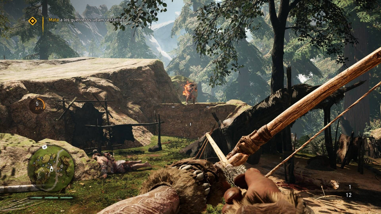 Gameplay screenshot - Intense battle scene from Far Cry Primal on PC, showing the player engaging enemy warriors in a lush prehistoric jungle using a bow. Master the art of survival—purchase your Ubisoft Connect digital code now at RushGame.co
