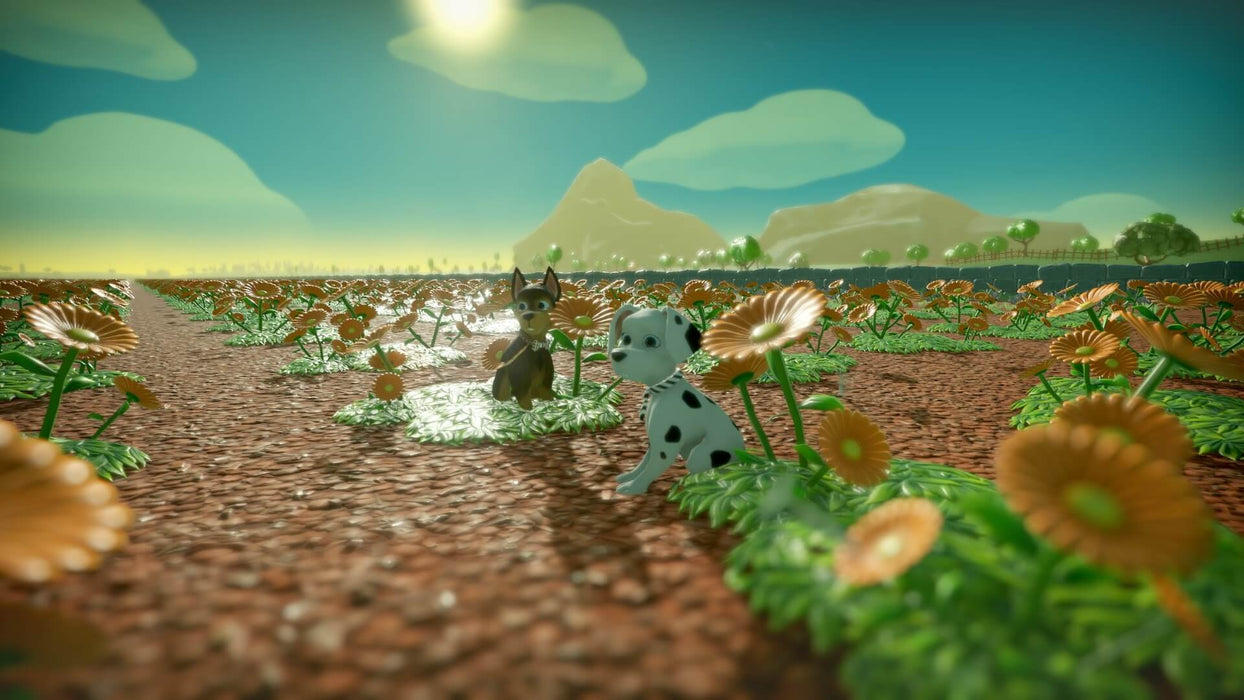 Farm Together gameplay - two dogs in a flower field – A peaceful scene from Farm Together featuring a black and white dalmatian and a brown dog sitting in a vast field of blooming orange flowers under a sunny sky. Get your Farm Together PC digital key at RushGame.co