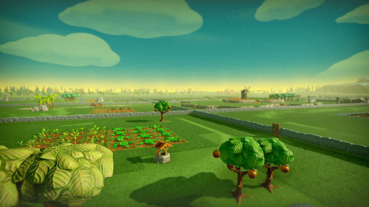 Farm Together gameplay - expansive farmland with crops and trees – A large open farmland in Farm Together, showcasing cultivated plots, green fruit trees, and distant windmills, surrounded by stone walls. Secure your Steam activation key for Farm Together at RushGame.co