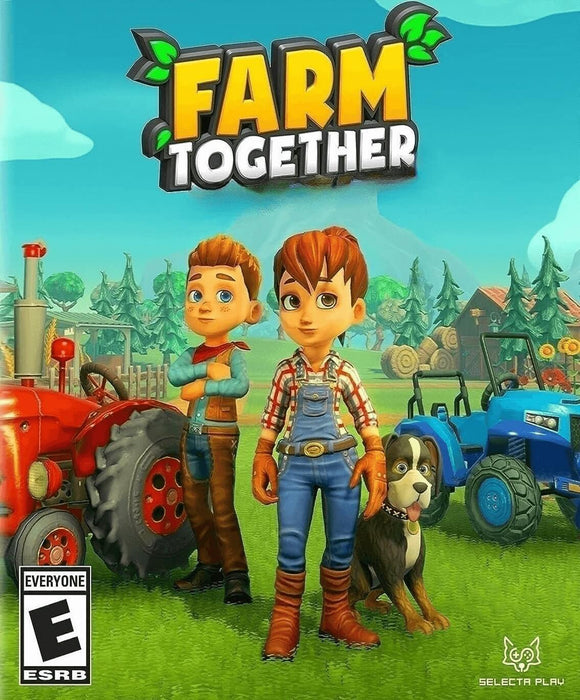 The cover art of Farm Together for PC on Steam, featuring two young farmers standing next to red and blue tractors, with a dog beside them on a bright farm landscape. Buy your Farm Together PC Steam CD Key now at RushGame.co for instant digital delivery
