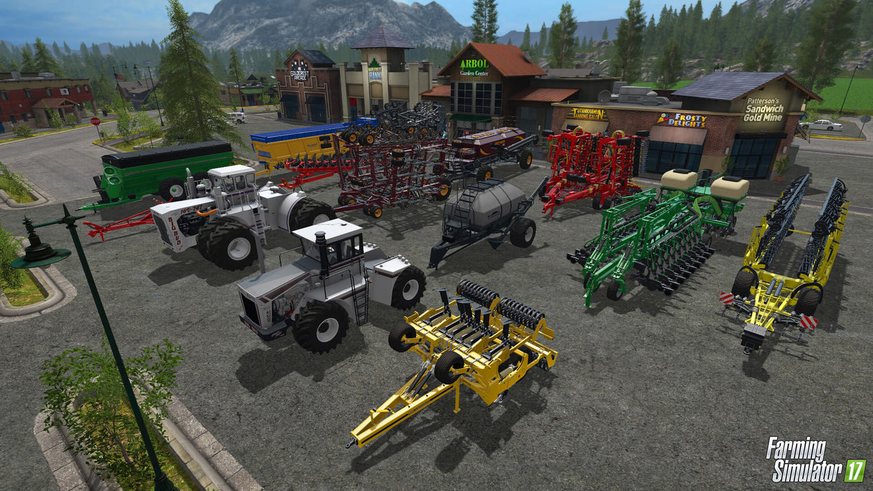 Farming Simulator 17 gameplay screenshot - a variety of farming machinery in town – A collection of farming equipment, including tractors, plows, and seeders, displayed in a town square in Farming Simulator 17. Get your Farming Simulator 17 Nintendo Switch digital key at RushGame.co