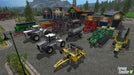 Farming Simulator 17 gameplay screenshot - a variety of farming machinery in town – A collection of farming equipment, including tractors, plows, and seeders, displayed in a town square in Farming Simulator 17. Get your Farming Simulator 17 Nintendo Switch digital key at RushGame.co