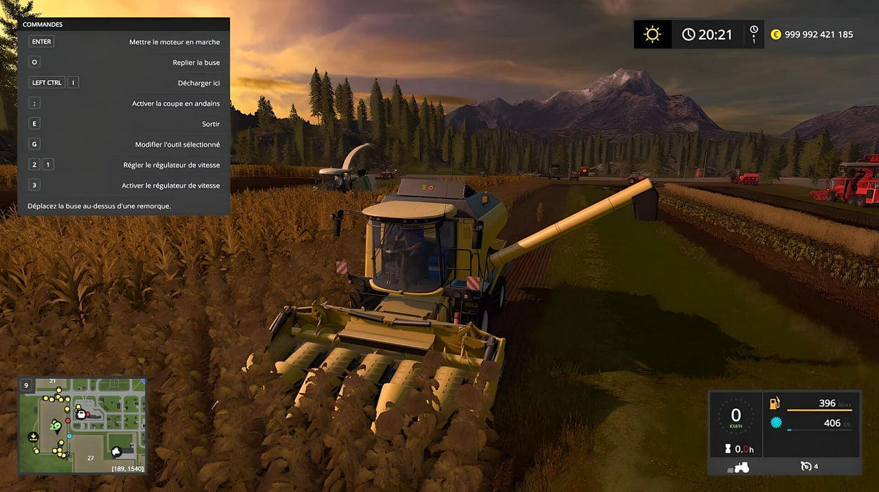 Farming Simulator 17 gameplay screenshot - harvester working in a cornfield at sunset – A detailed gameplay scene from Farming Simulator 17, showing a harvester operating in a vast cornfield with golden light from the setting sun and a mountain range in the distance. Secure your Nintendo Switch activation key for Farming Simulator 17 at RushGame.co