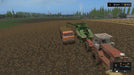 Farming Simulator 17 gameplay screenshot - tractor and harvester working on a large field – A realistic farming scene in Farming Simulator 17, where a tractor and a combine harvester are working together to collect crops on an expansive farmland. Buy Farming Simulator 17 for Nintendo Switch now at RushGame.co