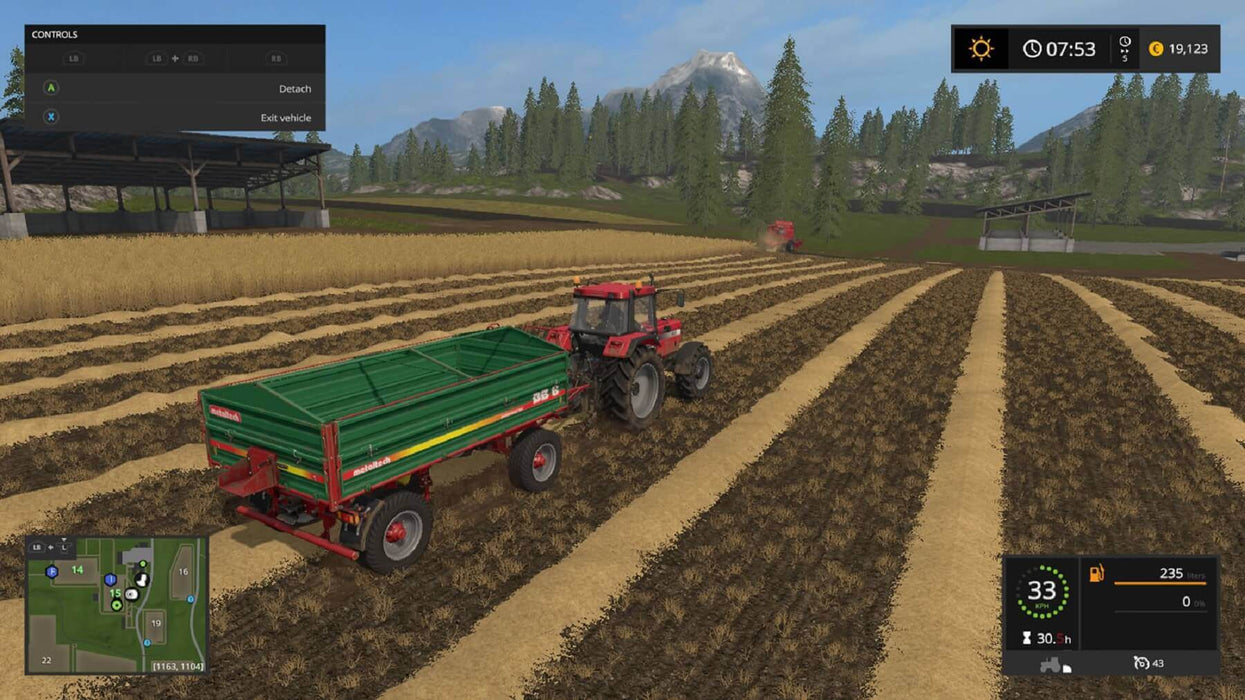 Farming Simulator 17 gameplay - red tractor working on a plowed field – A red tractor pulling a green trailer across a freshly plowed field in Farming Simulator 17, with a mountainous landscape in the background. Get your Farming Simulator 17 PC digital key at RushGame.co