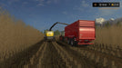 Farming Simulator 17 gameplay screen - harvester loading crops into a trailer – A realistic farming scene in Farming Simulator 17, where a harvester is transferring crops into a red trailer on a vast field with distant mountains. Secure your Steam activation key for Farming Simulator 17 at RushGame.co