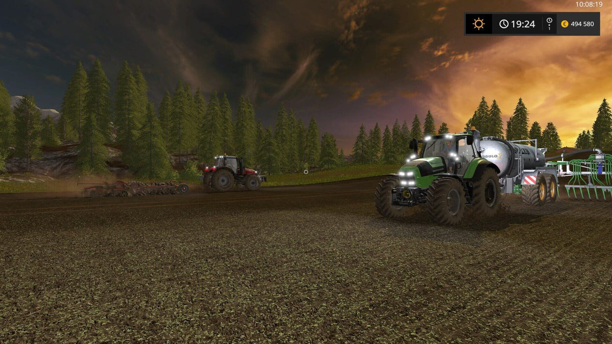 Farming Simulator 17 gameplay screenshot - tractors working under a sunset sky – A dramatic sunset scene in Farming Simulator 17, showing tractors operating in a large field, preparing the soil for the next harvest. Buy Farming Simulator 17 for PC Steam now at RushGame.co