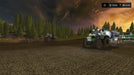 Farming Simulator 17 gameplay screenshot - tractors working under a sunset sky – A dramatic sunset scene in Farming Simulator 17, showing tractors operating in a large field, preparing the soil for the next harvest. Buy Farming Simulator 17 for PC Steam now at RushGame.co