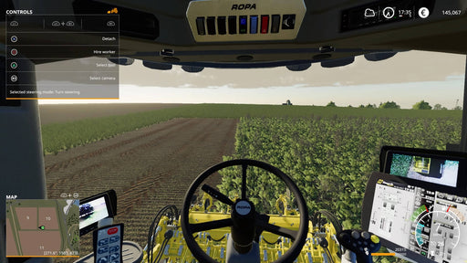 Gameplay screenshot - Inside the Cabin View
First-person view from inside a ROPA harvester in Farming Simulator 19 on PC Steam. The player navigates through a field with an interactive dashboard displaying farming controls and settings. Buy your Farming Simulator 19 Steam CD Key at RushGame.co for an immersive farming experience.
