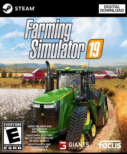 Cover art of Farming Simulator 19 for PC Steam, featuring a John Deere tractor driving through a farm with fields, barns, and horses in the background. Get your Farming Simulator 19 Steam CD Key instantly at RushGame.co and start your farming adventure